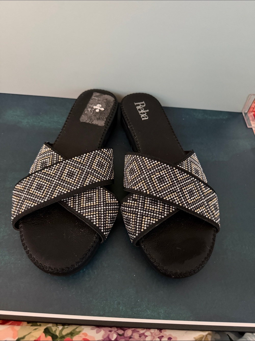 Reba Black Cross-Strap Beaded Slide Sandals